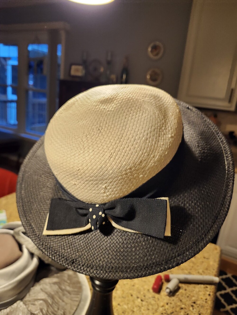 Two-Tone Straw Sun Hat with Bow - Black & Cream